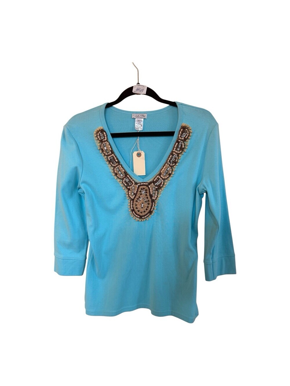 tasha polizzi turquoise three-quarter sleeve shirt with beads Sz.L